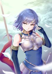 Rule 34 | 1girl, armor, black gloves, blue dress, blue eyes, blue hair, breastplate, catria (fire emblem), closed mouth, dress, elbow gloves, eyelashes, feathers, fingerless gloves, fire emblem, fire emblem: mystery of the emblem, floating hair, gloves, headband, highres, holding, holding polearm, holding weapon, looking to the side, medium hair, mjjn8232, nintendo, polearm, sheath, sheathed, sleeveless, sleeveless dress, smile, solo, standing, sword, weapon, white feathers
