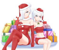 Rule 34 | 2girls, artist name, bell, bow, breasts, christmas, collar, crossed legs, cslucaris, elbow gloves, fur collar, gift, gloves, hair bun, hair over one eye, hand on own chest, hat, highres, holding hands, long hair, looking at viewer, medium breasts, midriff, multiple girls, navel, neck bell, rwby, santa costume, santa hat, siblings, single hair bun, sisters, smile, thighhighs, thighs, weiss schnee, white background, white hair, winter schnee