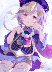 Rule 34 | 1girl, amulet, bead necklace, beads, black nails, braid, capelet, coin hair ornament, commentary request, earrings, genshin impact, hair ornament, hat, highres, jewelry, jiangshi, long hair, looking at viewer, low ponytail, nail polish, necklace, nut megu, ofuda, outstretched arms, purple eyes, purple hair, qingdai guanmao, qiqi (genshin impact), shorts, sidelocks, single braid, solo, thighhighs, white thighhighs, wide sleeves, zettai ryouiki, zombie pose