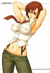 Rule 34 | 1girl, armpits, breasts, brown eyes, covered erect nipples, highres, impossible clothes, impossible shirt, large breasts, necktie, red hair, saigado, see-through, shirt, sleeveless, snk, solo, suspenders, the king of fighters, vanessa (kof)