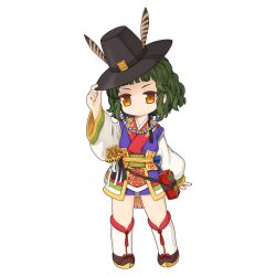 1girl adapted_costume black_footwear black_hat chibi chibi_only closed_mouth full_body gat_(hat) green_hair hat hat_feather hat_tip jeon_cheosa long_sleeves looking_at_viewer official_art orange_eyes pouch purple_vest ragnarok_online shakujou shirt shoes short_bangs short_hair simple_background socks solo soul_ascetic_(ragnarok_online) staff transparent_background vest wavy_hair white_shirt white_socks yuichirou