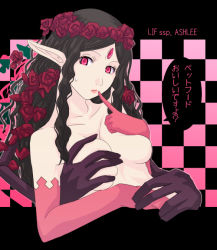 Rule 34 | 1girl, breasts, brown hair, covering privates, covering breasts, curly hair, elbow gloves, flower, gloves, homunculus, jewelry, lif (ragnarok online), lipstick, long hair, makeup, medium breasts, mr.romance, pointy ears, ragnarok online, red eyes, rose, solo focus, sweatdrop, translation request