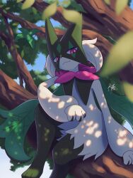 Rule 34 | 1other, blurry, closed mouth, commentary, creatures (company), day, furry, game freak, highres, kuchiba (jret2454), leaf, looking down, meowscarada, nintendo, outdoors, pokemon, pokemon (creature), purple eyes, signature, sitting, solo, tree
