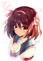 Rule 34 | 1girl, absurdres, blue sailor collar, blush, brown eyes, brown hair, closed mouth, commentary request, english text, fingernails, hair between eyes, hair ribbon, hairband, hands up, has bad revision, has downscaled revision, highres, kita high school uniform, kyoto animation, long hair, long sleeves, md5 mismatch, own hands clasped, own hands together, petals, pink hairband, pink ribbon, resolution mismatch, ribbon, sailor collar, satsuki misuzu, school uniform, shirt, signature, simple background, sleeves past wrists, solo, source smaller, suzumiya haruhi, suzumiya haruhi no yuuutsu, tears, white background, white shirt