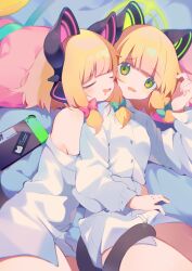 Rule 34 | 2girls, absurdres, animal ear headphones, animal ears, blonde hair, blue archive, blush, buttons, cat tail, closed eyes, collared shirt, drooling, fake animal ears, green eyes, green halo, halo, handheld game console, headphones, highres, long sleeves, midori (blue archive), momoi (blue archive), mouth drool, multiple girls, open mouth, red eyes, shirt, short hair, siblings, sisters, sleeping, tail, teoskyrios, twins, white shirt