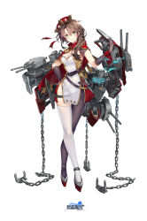 Rule 34 | 1girl, anchor, asymmetrical clothes, asymmetrical hair, asymmetrical legwear, azur lane, belt, black pantyhose, blush, breasts, brown hair, cannon, cape, chain, cleavage, copyright name, dress, epaulettes, exeter (azur lane), full body, gloves, green eyes, hair between eyes, hand on own hip, hat, highres, large breasts, long hair, looking at viewer, machinery, mkiiiiii, official art, pantyhose, red cape, see-through, shiny skin, simple background, single leg pantyhose, single thighhigh, smile, solo, standing, thigh gap, thighband pantyhose, thighhighs, turret, uneven legwear, watermark, white background, white thighhighs