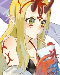 Rule 34 | 1girl, absurdres, bare shoulders, bikini, black bikini, blonde hair, blue kimono, breasts, collarbone, colored extremities, colored skin, cup, drinking, drinking straw, facial mark, fate/grand order, fate (series), food, forehead, forehead mark, gradient skin, hair pulled back, highres, horns, ibaraki douji (fate), ibaraki douji (fate/grand order), ibaraki douji (swimsuit lancer) (fate), ibaraki douji (swimsuit lancer) (first ascension) (fate), japanese clothes, kimono, long hair, long sleeves, mitsurugi sugar, off shoulder, oni, oni horns, red skin, shaved ice, small breasts, solo, swimsuit, tattoo, yellow eyes