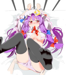 Rule 34 | 1girl, arms up, black thighhighs, blush, bow, breasts, crescent, cuffs, female focus, gotyou, hair bow, handcuffs, hat, legs up, long hair, looking at viewer, lying, mouth hold, on back, panties, patchouli knowledge, purple hair, red eyes, sketch, solo, striped clothes, striped panties, tears, thighhighs, touhou, underwear, undressing