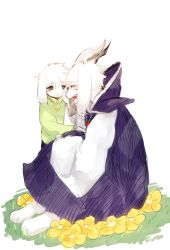 Rule 34 | 2boys, asriel dreemurr, bad id, bad tumblr id, comforting, crying, dual persona, fangs, flower, furry, furry male, green eyes, heart, highres, horns, hug, koyashaka, monster boy, multiple boys, multiple persona, open mouth, red eyes, shirt, spoilers, striped clothes, striped shirt, tears, time paradox, undertale