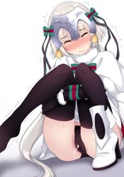 Rule 34 | 1girl, bdsm, bell, black panties, black thighhighs, blush, bondage, bound, bound arms, bow, cameltoe, capelet, closed eyes, dress, fate/grand order, fate (series), fur trim, green bow, green ribbon, headpiece, high heels, highres, hugging own legs, jeanne d&#039;arc (fate), jeanne d&#039;arc alter (fate), jeanne d&#039;arc alter santa lily (fate), kiyomin, knees together feet apart, long hair, panties, pantyshot, peeing, peeing self, platinum blonde hair, ribbon, shoes, short dress, simple background, single shoe, sitting, solo, striped bow, striped ribbon, thighhighs, trembling, underwear, upskirt, wavy mouth, wet, wet clothes, wet panties, white background, white dress, white footwear