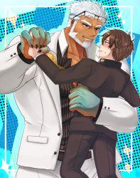 Rule 34 | 2boys, aegir (housamo), aqua hair, bara, beard, blue eyes, blush, carrying, carrying person, dark-skinned male, dark skin, eyewear on head, facial hair, feet out of frame, fingernails, fins, formal, gakuran, glasses, highres, hiota (kuhi 0301), holding hands, large pectorals, male focus, mature male, multicolored hair, multiple boys, muscular, muscular male, official alternate costume, pectoral cleavage, pectorals, protagonist 4 (housamo), school uniform, sharp fingernails, shirt, short hair, size difference, smile, streaked hair, striped clothes, striped shirt, suit, tokyo houkago summoners, white hair, white suit