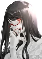Rule 34 | 1girl, :q, bad id, bad twitter id, black hair, blood, blood on face, blush, breasts, colored skin, copyright request, dress, glasses, hand up, large breasts, long hair, looking at viewer, neko (ganecooo), red-framed eyewear, red eyes, semi-rimless eyewear, simple background, smile, solo, tongue, tongue out, under-rim eyewear, upper body, white background, white dress, white skin