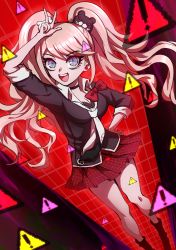 Rule 34 | 1girl, :d, absurdres, arm up, bear hair ornament, black choker, black shirt, blue eyes, bow, breasts, choker, cleavage, danganronpa: trigger happy havoc, danganronpa (series), enoshima junko, hair ornament, hand on own hip, highres, large breasts, long hair, nail polish, necktie, open mouth, plaid, plaid skirt, red background, red bow, red skirt, shan ji jing wu (sngktry), shirt, sign, skirt, smile, solo, teeth, twintails, two-tone necktie, upper teeth only, w, warning sign