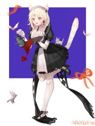 Rule 34 | 1girl, animal, animal ears, arknights, black dress, black footwear, blonde hair, breasts, cat, cat ears, cat girl, cat tail, cleavage, copyright name, dress, elbow gloves, extra ears, fang, full body, gloves, high heels, highres, holding, holding teapot, holding tray, kazemaru (arknights), kazemaru (like illusion) (arknights), leg up, m58-on-the-way, maid headdress, official alternate costume, open mouth, pantyhose, pink eyes, puffy sleeves, purple background, simple background, skin fang, small breasts, solo, standing, standing on one leg, tail, teapot, tray, two-tone background, white background, white gloves, white pantyhose