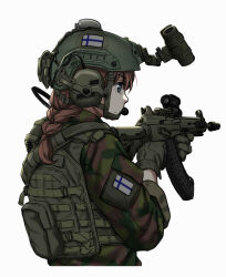 Rule 34 | 1girl, absurdres, assault rifle, blue eyes, body armor, braid, braided ponytail, brown hair, camouflage, camouflage jacket, chin strap, closed mouth, combat helmet, cropped torso, finnish army, finnish flag, from side, gloves, green gloves, gun, headphones, headset, helmet, highres, holding, holding gun, holding weapon, jacket, long hair, long sleeves, looking ahead, mardjan, night vision device, optical sight, original, bulletproof vest, profile, rifle, rk62, sideways mouth, simple background, solo, weapon, white background