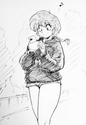 Rule 34 | 1girl, bare legs, braid, breasts, genderswap, genderswap (mtf), holding, holding phone, jacket, looking to the side, monochrome, musical note, nekoyashiro, phone, ranma-chan, ranma 1/2, saotome ranma, short shorts, shorts, simple background, smile, wide hips