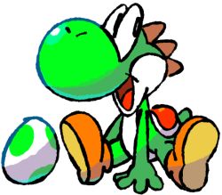 Rule 34 | big nose, black eyes, colored skin, egg, full body, green skin, happy, looking to the side, multicolored skin, official style, open mouth, orange footwear, shell, shoes, simple background, sitting, smile, solo, spread legs, super mario world 2: yoshi&#039;s island, two-tone skin, vilepluff, white background, white skin, yoshi, yoshi&#039;s island