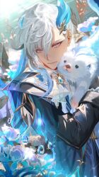 Rule 34 | 1boy, animal, ascot, black gloves, blue coat, blue flower, blue hair, brooch, coat, day, feather hair ornament, feathers, flower, frilled sleeves, frills, genshin impact, gloves, gold trim, hair between eyes, hair ornament, highres, holding, holding animal, jewelry, lapels, leisurely otter (genshin impact), light particles, long hair, long sleeves, looking down, low-tied long hair, male focus, multicolored hair, neuvillette (genshin impact), otter, parted bangs, parted lips, pointy ears, purple eyes, sidelocks, sleeve cuffs, solo, streaked hair, touming tomei, upper body, very long hair, water drop, white ascot, white flower, white hair