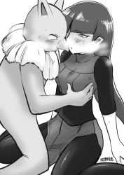 Rule 34 | 1girl, absurdres, after kiss, arm support, artist name, blunt bangs, blush, breasts, breath, chouku tetsushitsuiwa, creatures (company), dress, game freak, gen 1 pokemon, grabbing, grabbing another&#039;s breast, greyscale, gym leader, highres, hypno, long hair, looking at another, medium breasts, monochrome, nintendo, pantyhose, parted lips, pokemon, pokemon (creature), pokemon lgpe, sabrina (pokemon), saliva, saliva trail, side slit, signature, simple background, sitting, sleeves past elbows, sweat, translation request, turtleneck, wariza, white background