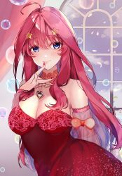 Rule 34 | 1girl, ahoge, blue eyes, blue sky, blunt bangs, blush, bow, breasts, bubble, choker, cleavage, closed mouth, cloud, cowboy shot, dress, finger to mouth, flower, go-toubun no hanayome, hair between eyes, hair ornament, heart, heart necklace, highres, indoors, jewelry, lace, lace choker, large breasts, long hair, looking at viewer, nakano itsuki, necklace, nununu (nununu386), red bow, red choker, red dress, red hair, sky, smile, solo, star (symbol), star hair ornament, window