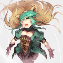 Rule 34 | 1girl, ahoge, animal ears, atalanta (fate), black thighhighs, cat ears, commentary request, fate/apocrypha, fate (series), gloves, gradient hair, green eyes, highres, long hair, multicolored hair, one eye closed, open mouth, outstretched hand, solo, sue sgr u, thighhighs, wind