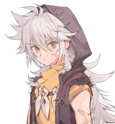 Rule 34 | 1boy, closed mouth, facial scar, fur trim, genshin impact, grey hair, hair between eyes, hood, hood up, long hair, looking at viewer, male focus, razor (genshin impact), razor is cute, red eyes, scar, scar on arm, scar on cheek, scar on face, simple background, solo, upper body, very long hair, white background