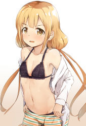 Rule 34 | 1girl, ahoge, armpits, bike shorts, black bra, black panties, blush, bra, breasts, clothes pull, collarbone, cowboy shot, futaba anzu, gradient background, highres, idolmaster, idolmaster cinderella girls, long hair, looking at viewer, looking to the side, low twintails, navel, open clothes, open mouth, panties, pants, pants pull, see-through, seneto, shirt, small breasts, solo, stomach, striped bike shorts, striped clothes, striped pants, twintails, underwear, undressing, very long hair, white background, white shirt