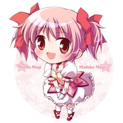 Rule 34 | 10s, 1girl, :d, ankle lace-up, blush, bow, bubble skirt, chibi, copyright name, cross-laced footwear, foreshortening, full body, gloves, hair bow, hair ribbon, kaname madoka, kaname madoka (magical girl), magical girl, mahou shoujo madoka magica, mahou shoujo madoka magica (anime), open mouth, pink eyes, pink hair, ribbon, sakura tsukitei, shoes, short hair, short twintails, skirt, smile, solo, transparent background, twintails, v arms, white background