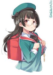 Rule 34 | 1girl, aged down, alternate costume, backpack, bag, black hair, black neckwear, blunt bangs, blush, choukai (kancolle), collared dress, commentary request, dress, ebifurya, glasses, green dress, hair between eyes, hat, highres, holding, kantai collection, long hair, long sleeves, looking at viewer, one-hour drawing challenge, open mouth, randoseru, red eyes, school uniform, simple background, solo, twitter username, upper body, white background