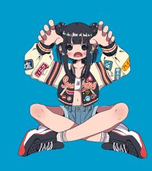 Rule 34 | 1girl, arms up, badge, bare legs, black eyes, black footwear, black hair, black jacket, blue background, blue shorts, blush, button badge, collarbone, cropped shirt, denim, denim shorts, double bun, fangs, full body, hair bun, highres, indian style, jacket, letterman jacket, long hair, long sleeves, looking at viewer, nao97122, navel, open clothes, open jacket, open mouth, original, patch, print jacket, ribbed socks, shirt, shoes, shorts, sidelocks, simple background, sitting, sneakers, socks, solo, straight-on, streetwear, white shirt, white socks