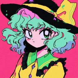Rule 34 | 1980s (style), 1girl, black hat, blush stickers, buttons, chinese commentary, closed mouth, commentary request, diamond button, film grain, frilled shirt collar, frills, from behind, green eyes, green hair, hat, hat ribbon, komeiji koishi, notwugui, oldschool, pink background, portrait, retro artstyle, ribbon, shirt, short hair, simple background, solo, touhou, yellow ribbon, yellow shirt