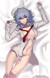 Rule 34 | 1girl, bad id, bad pixiv id, bed sheet, blue hair, bottomless, breasts, highres, jjune, long hair, loose necktie, naked shirt, necktie, no bra, open clothes, open shirt, original, red eyes, shirt, solo, watermark, web address