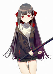 Rule 34 | 1girl, black hair, black jacket, black skirt, blush, closed mouth, cross, highres, holding, holding sword, holding weapon, jacket, long hair, multicolored hair, nitrio, open clothes, open jacket, original, pointy ears, purple hair, simple background, skirt, solo, sword, vampire (game), weapon, white background, zipper