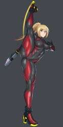 Rule 34 | 1girl, alternate color, ass, bad id, bad pixiv id, black background, blonde hair, bodysuit, bracelet, breasts, cameltoe, cleft of venus, clenched hand, closed mouth, covered erect nipples, covered navel, expressionless, full body, gun, hand up, handgun, high heels, high ponytail, holding, holding gun, holding weapon, impossible bodysuit, impossible clothes, jewelry, leg up, long hair, long sleeves, looking at viewer, medium breasts, metroid, mikoyan, multicolored clothes, nintendo, ponytail, red eyes, samus aran, shiny clothes, simple background, skin tight, solo, spread legs, standing, standing on one leg, swept bangs, turtleneck, weapon, zero suit