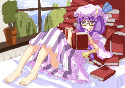 Rule 34 | 1girl, barefoot, bed, bespectacled, blue panties, book, crescent, feet, female focus, glasses, hat, long hair, panties, pantyshot, patchouli knowledge, plant, purple eyes, purple hair, sitting, solo, striped clothes, striped panties, touhou, underwear