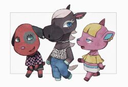 Rule 34 | 3girls, :d, animal crossing, animal ear piercing, aqua belt, aqua eyes, belt, black shirt, black shorts, blonde hair, blue eyes, blue pants, border, bright pupils, camisole, checkered clothes, checkered shirt, cherry (animal crossing), choker, closed mouth, commentary request, crop top, deer girl, denim, dog girl, eyelashes, fuchsia (animal crossing), furry, furry female, grey hair, hand in pocket, highres, horse girl, jeans, jewelry, kaji (oni atat), looking at another, looking at viewer, multiple girls, necklace, nintendo, off-shoulder shirt, off shoulder, open mouth, outside border, pants, pink shirt, print camisole, print choker, reneigh (animal crossing), shirt, short sleeves, shorts, simple background, skirt, smile, talking, two-tone shirt, white background, white border, white camisole, white choker, white pupils, white skirt, yellow shirt