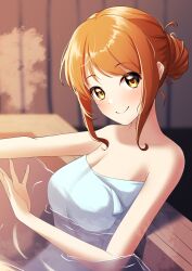 Rule 34 | 1girl, alternate hairstyle, bare shoulders, bath, bathing, bathtub, blurry, blush, breasts, brown eyes, brown hair, cleavage, closed mouth, collarbone, depth of field, dot nose, folded ponytail, from side, hands up, highres, hojo karen, idolmaster, idolmaster cinderella girls, idolmaster cinderella girls starlight stage, long hair, looking at viewer, medium breasts, naked towel, partially submerged, reaching, ripples, smile, solo, steam, towel, v3assalut, water, white towel