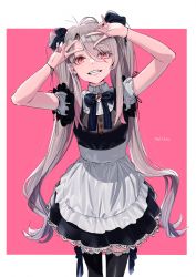 Rule 34 | 1girl, apron, arms up, black bow, black dress, black thighhighs, bow, bow legwear, bowtie, brooch, cowboy, double v, dress, ear piercing, gradient hair, grey hair, grin, hair bow, highres, jewelry, kerorira, long hair, looking at viewer, maid, multicolored hair, orange eyes, original, piercing, pink hair, short sleeves, sidelocks, smile, solo, teeth, thighhighs, twintails, two-tone background, two-tone hair, v, very long hair, western, white apron, zettai ryouiki