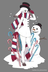 Rule 34 | 1girl, animal ears, animal feet, black eyes, black hat, body fur, brown fur, candy, candy cane, cane, christmas, digitigrade, dress, ears down, floppy ears, food, full body, furry, furry female, gloves, grey background, hand on headwear, hat, highres, kizuta (barometz), long scarf, looking to the side, no shoes, original, rabbit ears, rabbit girl, rabbit tail, red gloves, scarf, scarf over mouth, short hair, sleeveless, sleeveless dress, snow, snowing, snowman, solo, striped clothes, striped scarf, tail, top hat, walking, white dress, white fur, white hair, winter
