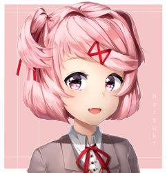 Rule 34 | 1girl, :d, character name, commentary, doki doki literature club, english commentary, fang, hair ornament, hair ribbon, hairclip, heart, heart in eye, looking at viewer, natsuki (doki doki literature club), open mouth, outline, pink background, pink eyes, pink hair, portrait, red ribbon, ribbon, sasoura, short hair, signature, simple background, smile, solo, symbol in eye, two side up, white outline