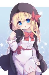 Rule 34 | 1girl, baku-p, blonde hair, blue background, blue eyes, blush, bow, bowtie, cloak, commentary request, commission, cowboy shot, dress, hair bow, hood, hooded cloak, lily white, long hair, long sleeves, looking at viewer, parted lips, red bow, red bowtie, sash, solo, touhou, two-tone background, white background, white dress