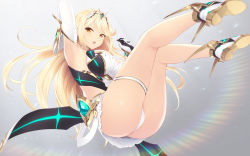 Rule 34 | 1girl, arm up, armor, armpits, ass, blonde hair, breasts, cait aron, dress, elbow gloves, gloves, highres, large breasts, legs, legs up, long hair, looking at viewer, mythra (xenoblade), nintendo, open mouth, panties, solo, swept bangs, thigh strap, thighs, tiara, underwear, white dress, white gloves, white panties, xenoblade chronicles (series), xenoblade chronicles 2, yellow eyes