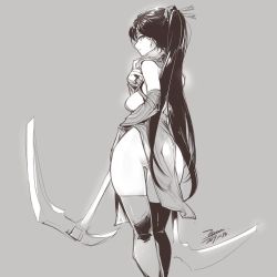 Rule 34 | 1girl, ass, breasts, character request, dated, dress, ejami, greyscale, long hair, looking at viewer, monochrome, scythe, signature, simple background, solo, thighhighs