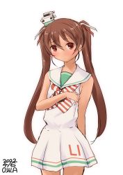 Rule 34 | 1girl, brown eyes, brown hair, clothes writing, commentary request, cowboy shot, dark-skinned female, dark skin, dated, dress, hat, highres, kantai collection, libeccio (kancolle), long hair, mini hat, neckerchief, one-hour drawing challenge, owa (ishtail), sailor collar, sailor dress, sleeveless, sleeveless dress, solo, striped neckerchief, twintails, twitter username, white dress
