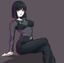 Rule 34 | 1girl, arm support, belt, black bra, black hair, black pants, blunt bangs, bob cut, bodystocking, bra, breasts, commentary, english commentary, grey background, invisible chair, long sleeves, looking at viewer, medium breasts, medium hair, o-ring, o-ring belt, original, pants, popopoka, red eyes, simple background, sitting, skin tight, smile, solo, underwear