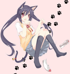 Rule 34 | 1girl, :o, animal ears, bell, cat ears, cat tail, jingle bell, k-on!, kneehighs, long hair, nakano azusa, neck ribbon, paw pose, paw print, plus9, red ribbon, ribbon, school uniform, shoes, unworn shoes, skirt, socks, solo, sweater vest, tail, twintails, uwabaki, very long hair
