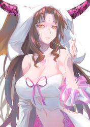 Rule 34 | 10s, 1girl, bad id, bad pixiv id, bare shoulders, breasts, brown hair, cleavage, collarbone, cum, cum in mouth, detached sleeves, facial, facial mark, fate/extra, fate/extra ccc, fate (series), forehead mark, highres, horns, jhc kai, large breasts, long hair, long sleeves, looking at viewer, multicolored hair, navel, pink hair, pink ribbon, ribbon, sessyoin kiara, solo, stomach, tongue, tongue out, two-tone hair, upper body, veil, wavy hair, wide sleeves, yellow eyes