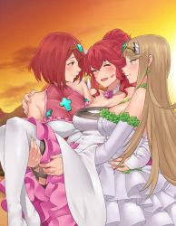 Rule 34 | 3girls, alternate costume, anna (fire emblem), bare shoulders, blonde hair, blush, breasts, bride, bride (fire emblem), carrying, carrying person, cleavage, crossover, dress, dual persona, earrings, female focus, fire emblem, flower, gloves, highres, igni tion, jewelry, lipstick mark, long hair, matching hair/eyes, multiple girls, mythra (xenoblade), nintendo, open mouth, polygamy, ponytail, pyra (xenoblade), red eyes, red hair, short hair, smile, swept bangs, tiara, very long hair, wedding dress, white dress, wife and wife and wife, xenoblade chronicles (series), xenoblade chronicles 1, xenoblade chronicles 2, yellow eyes, yuri