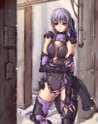 Rule 34 | 1girl, armor, ayane (doa), breasts, cameltoe, cleavage, dead or alive, fingerless gloves, gloves, headband, holding own arm, large breasts, ninja, purple hair, red eyes, short hair, shoulder pads, solo, tecmo, thighhighs, u-kichi, vambraces