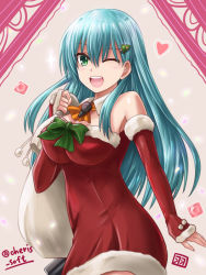 Rule 34 | 10s, 1girl, ;d, aqua hair, ascot, bare shoulders, blue hair, blush, bow, breasts, christmas, christmas tree hair ornament, cleavage, detached collar, detached sleeves, dress, female focus, green bow, green eyes, hair between eyes, hair ornament, haura akitoshi, heart, holding, holding sack, kantai collection, large breasts, light blue hair, long hair, looking at viewer, neck, one eye closed, open mouth, red detached sleeves, red dress, round teeth, sack, santa costume, smile, solo, strapless, strapless dress, suzuya (kancolle), teeth, wink